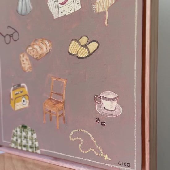 Ciao Nonno original framed painting of grandfather things by Marissa Lico. Close up of illustrations in a video.