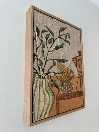 Side angle of Scusi Coffee original textured still life painting with olive branches and coffee vessels by Marissa Lico"