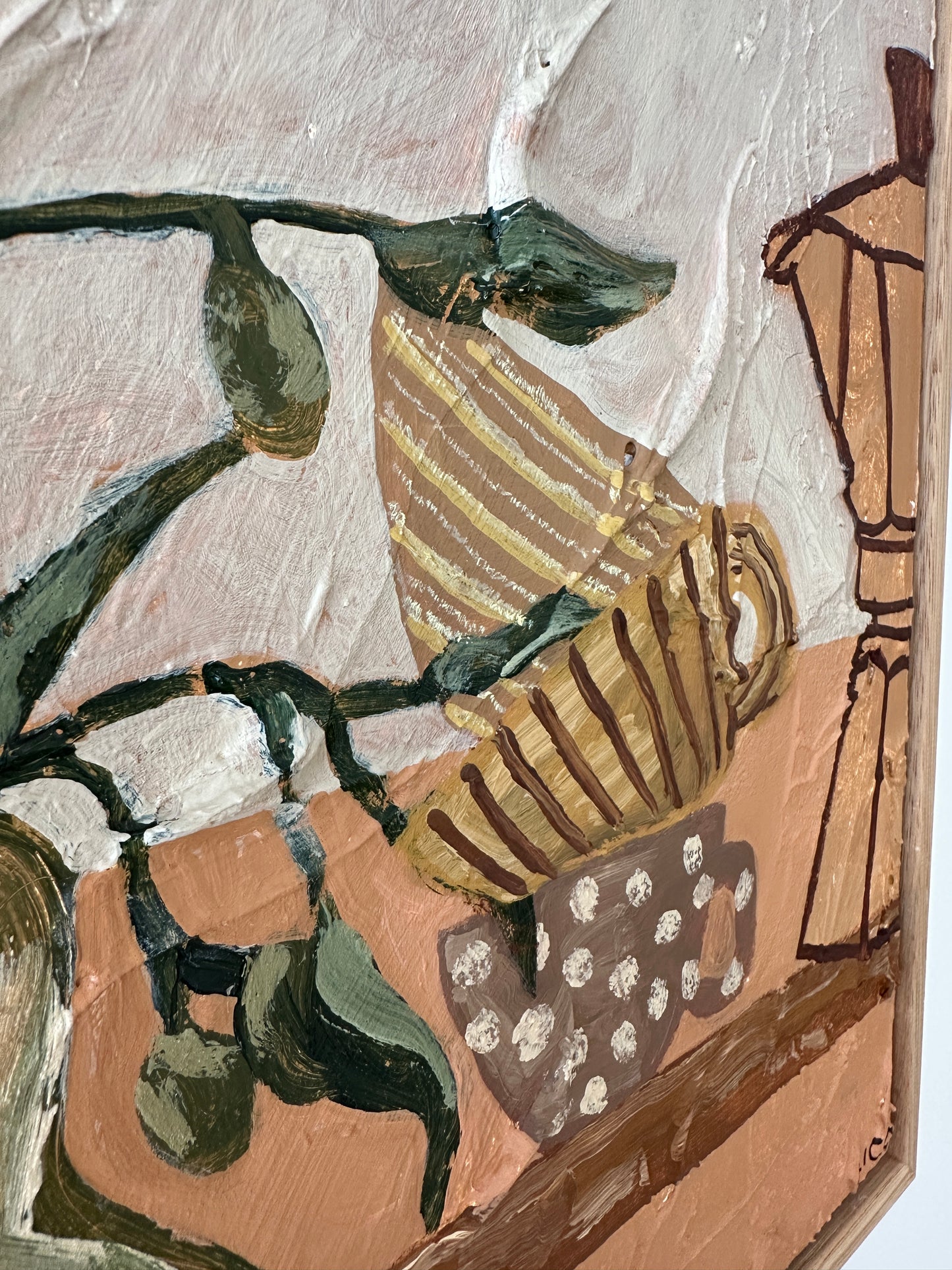 Close up of the Scusi Coffee original textured still life painting with olive branches and coffee vessels by Marissa Lico"