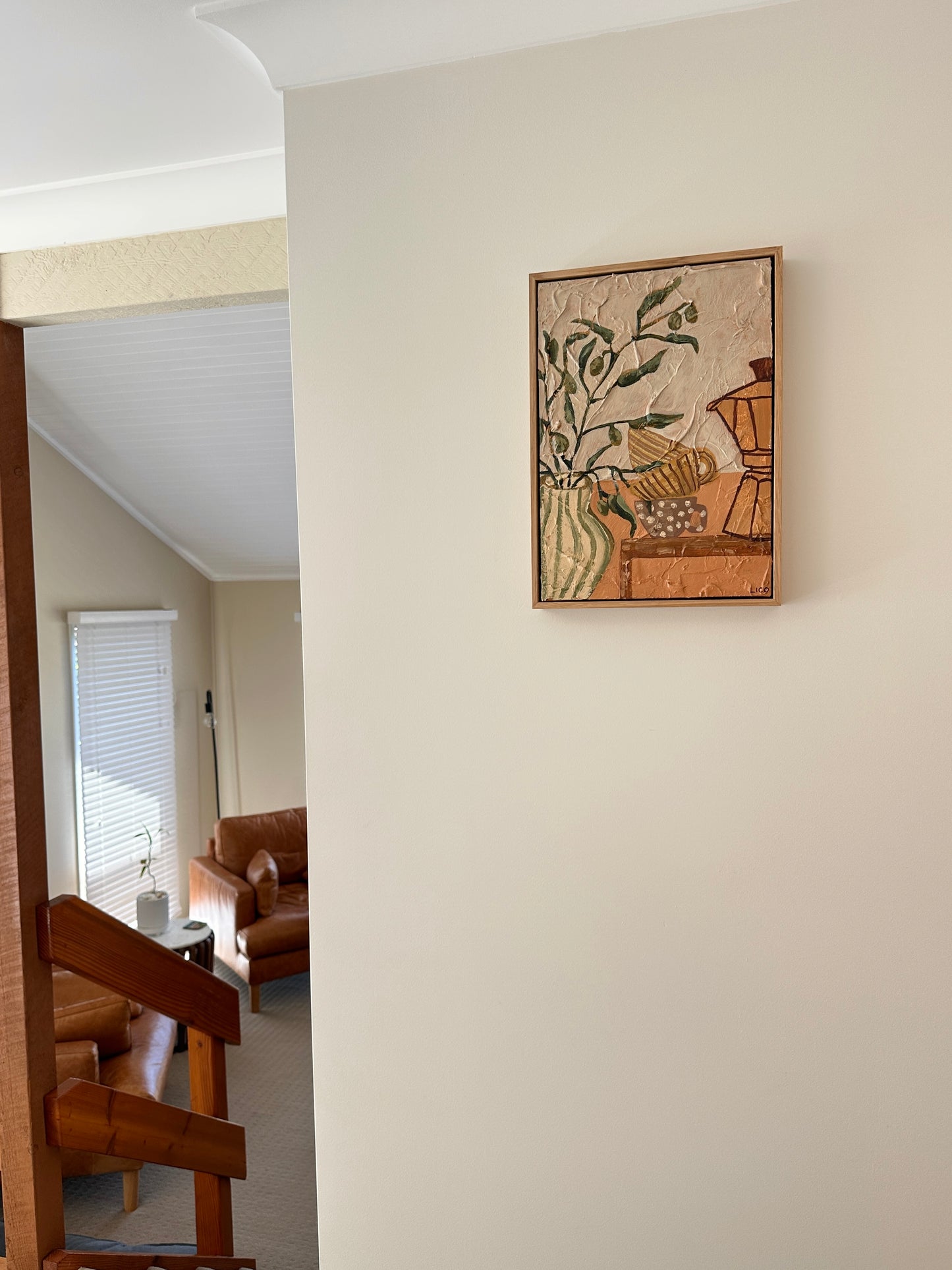 In-situ Scusi Coffee original textured still life painting with olive branches and coffee vessels by Marissa Lico"