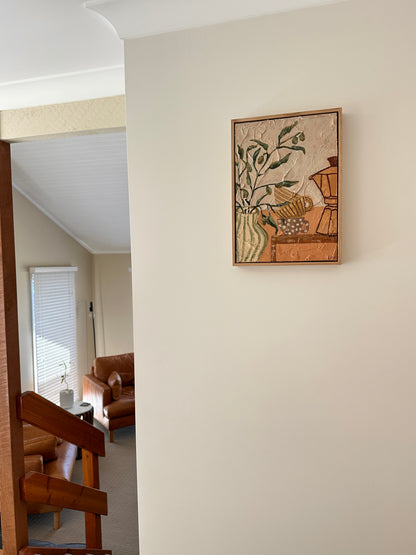 In-situ Scusi Coffee original textured still life painting with olive branches and coffee vessels by Marissa Lico"