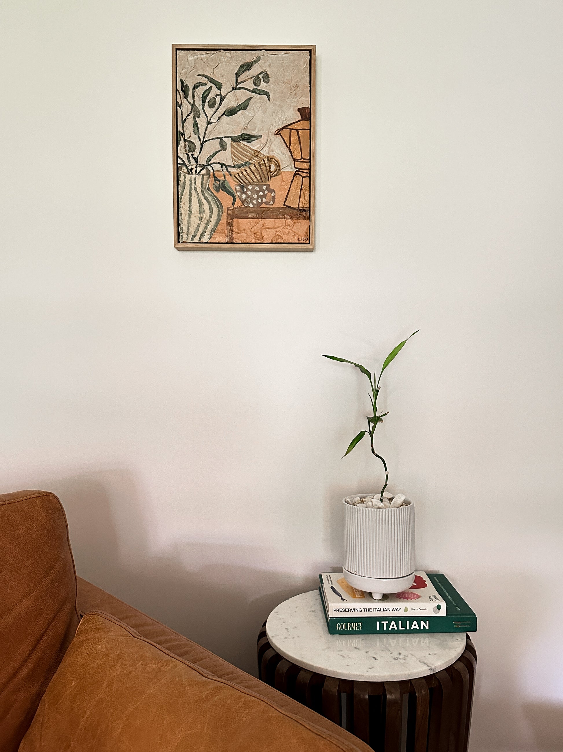 Framed Scusi Coffee original textured still life painting with olive branches and coffee vessels by Marissa Lico.