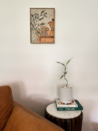 Framed Scusi Coffee original textured still life painting with olive branches and coffee vessels by Marissa Lico.