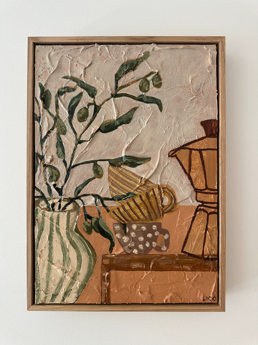 Scusi Coffee original textured still life painting with olive branches and coffee vessels by Marissa Lico